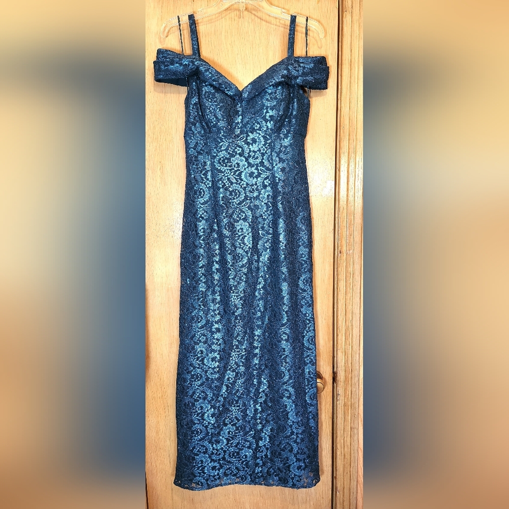 R&M Richards Peacock Sparkle Dress Womens 6P Teal Green Maxi Prom Bridesmaid